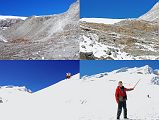 12 04 Trail From Above Kongme Dingma To Mera La, Jerome Ryan On Mera La With Mera Peak Behind The trail then zig zags up, taking another 65 minutes to Mera Base Camp (5350m) just below the Mera La. The trail now goes on to the glacier and quickly ascends in just 15 minutes to the Mera La (5415m) with views of Mera Peak ahead.